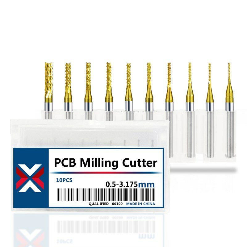XCAN PCB قاطعة المطحنة 10 قطعة القصدير المغلفة 0.5-3.175 مللي متر نك طحن بت 3.175 مللي متر عرقوب كربيد نهاية مطحنة لآلة PCB