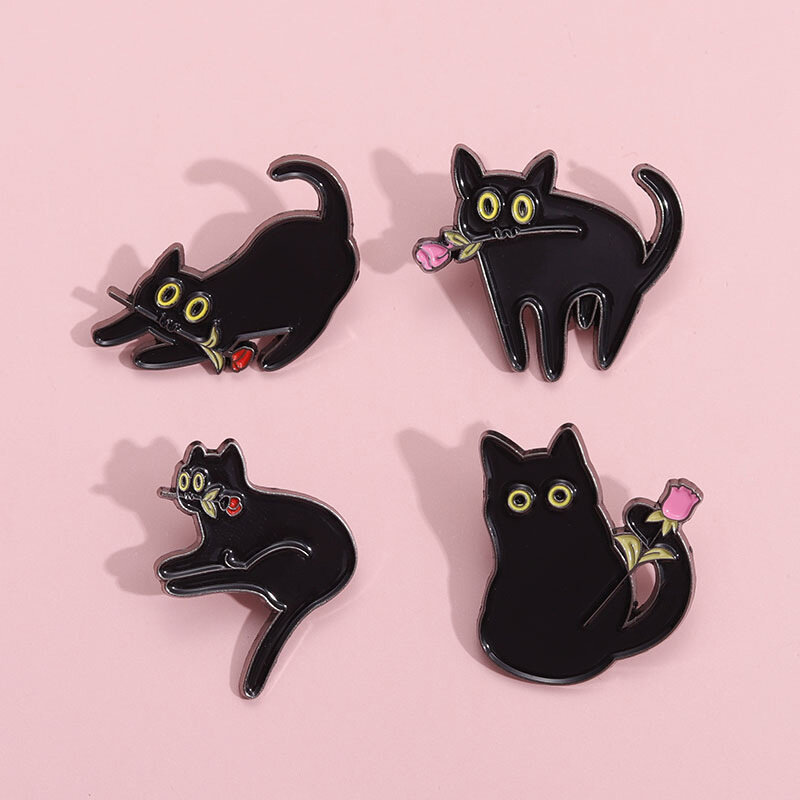 Creativo gatto nero spilla in metallo ciotola di vetro gatto tazza d'acqua serbatoio di pesce pugnale rosa Skateboard carino gatto nero distintivo Punk Pins gioielli