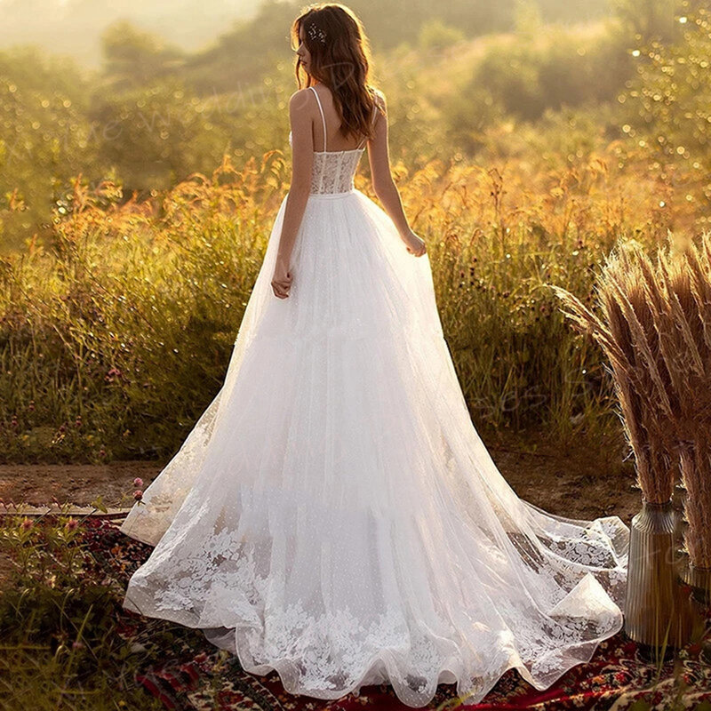 Женское свадебное платье с кружевной аппликацией, изящное ТРАПЕЦИЕВИДНОЕ ПЛАТЬЕ невесты в стиле бохо, очаровательное пляжное платье на бретелях-спагетти