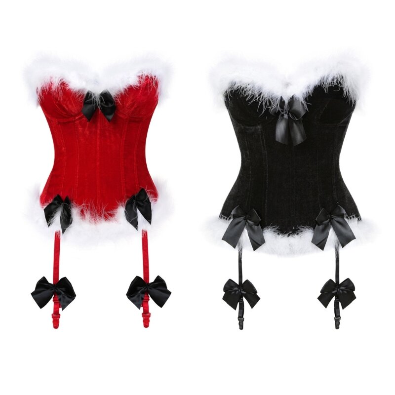 Womens Overbust Corset Bustier Lingeries Bodyshaper Tops Christmas Costume Feathers Bowknot Crop Tops Dropship