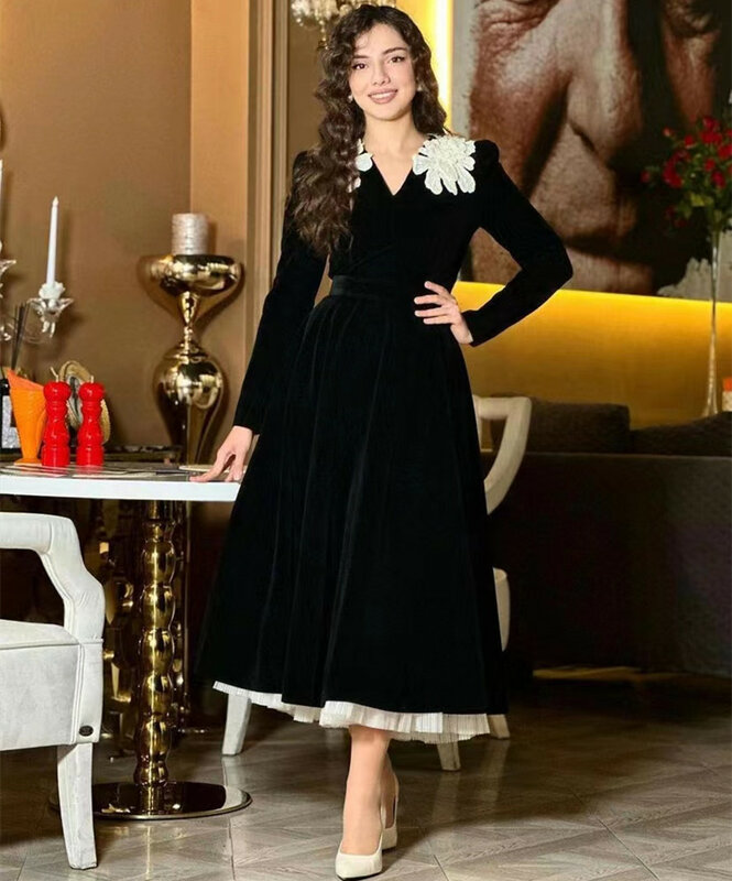 Koendye V Neck Black Velour Prom Dresses with Applique Long Sleeves Birthday Party Formal Occasion Women Wear Evening Gown 2024