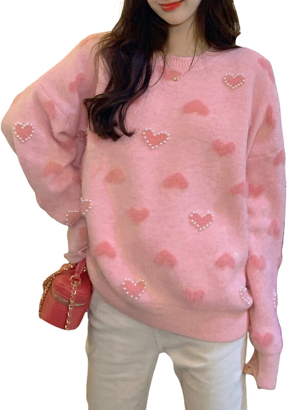Suéter con estampado de corazón para mujer, jerséis para el Día de San Valentín, blusa de punto de manga larga con cuello redondo, sudadera suelta informal