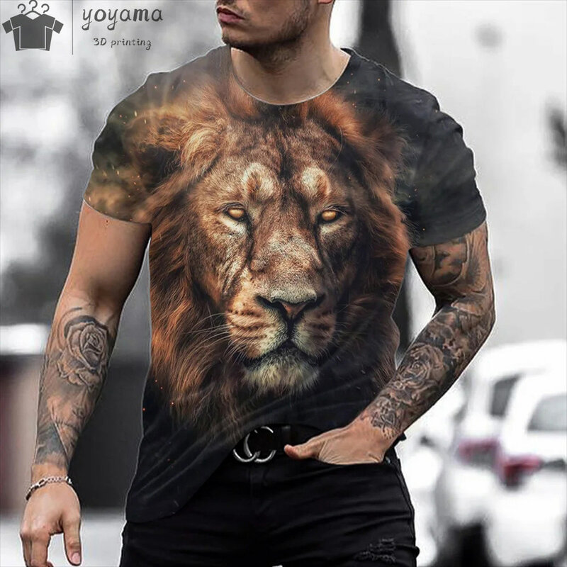 男性用3DプリントTシャツ,流行の夏のTシャツ,クラシックなライオンデザインのトップ,ストリートパーソナリティ,半袖ラウンドネックTシャツ