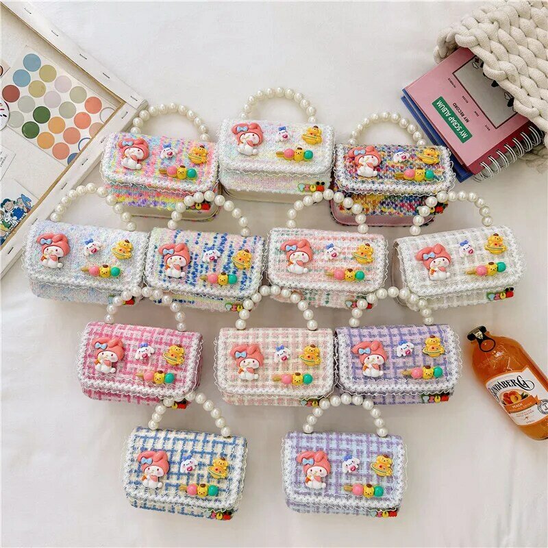 2024 New Sanrio children's small bag, stylish little princess pearl handbag, fashionable and cute girl sequin crossbody bag