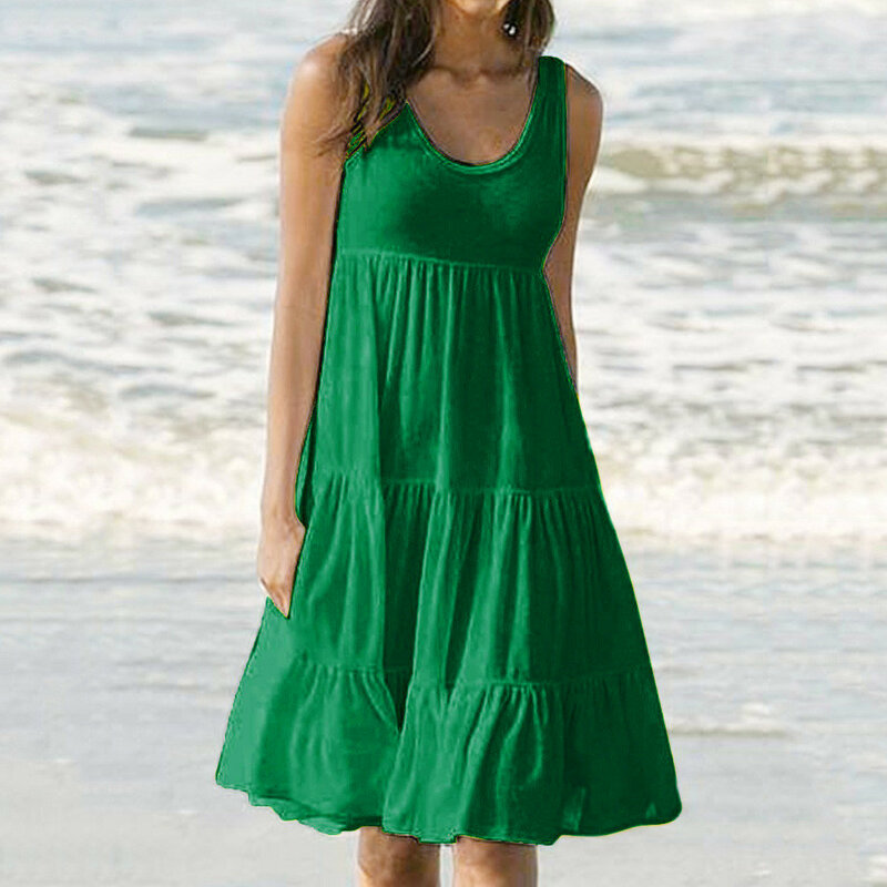 Gaun pantai tanpa lengan wanita, gaun pesta liburan warna polos Musim Panas 2024 untuk perempuan