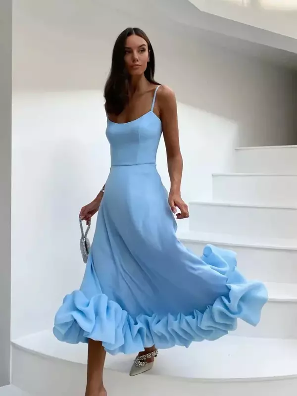 Hepburn Stil neue lässige Damenmode elegantes langes Kleid 2024 Sommer sexy Riemen quadratischen Hals großen Saum Party Vestidos