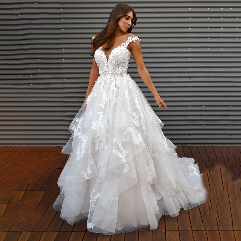 Пышные свадебные бальные платья с аппликацией и оборками, с открытыми плечами, с открытой спиной, с V-образным вырезом, с вышивкой, кружевное, на заказ, большие размеры, свадебное платье