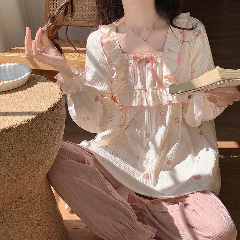 Pijama de algodão puro manga comprida feminina, doce vestido de camisola solto, mais recente conjunto de pijamas casual, primavera, outono 2022