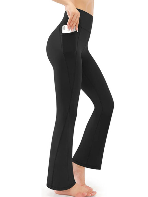กางเกงเลกกิ้งออกกำลังกายเอวสูงสีดำทึบกางเกงโยคะขาบานสำหรับสไตล์กระเป๋าเงินผู้หญิง