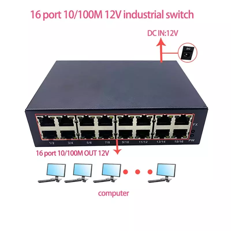 16 port 10/100M dc w 12V przemysłowy ethernet moduł przełączający do szkoły, centrum handlowego, strefy przemysłowej, centrum handlowego