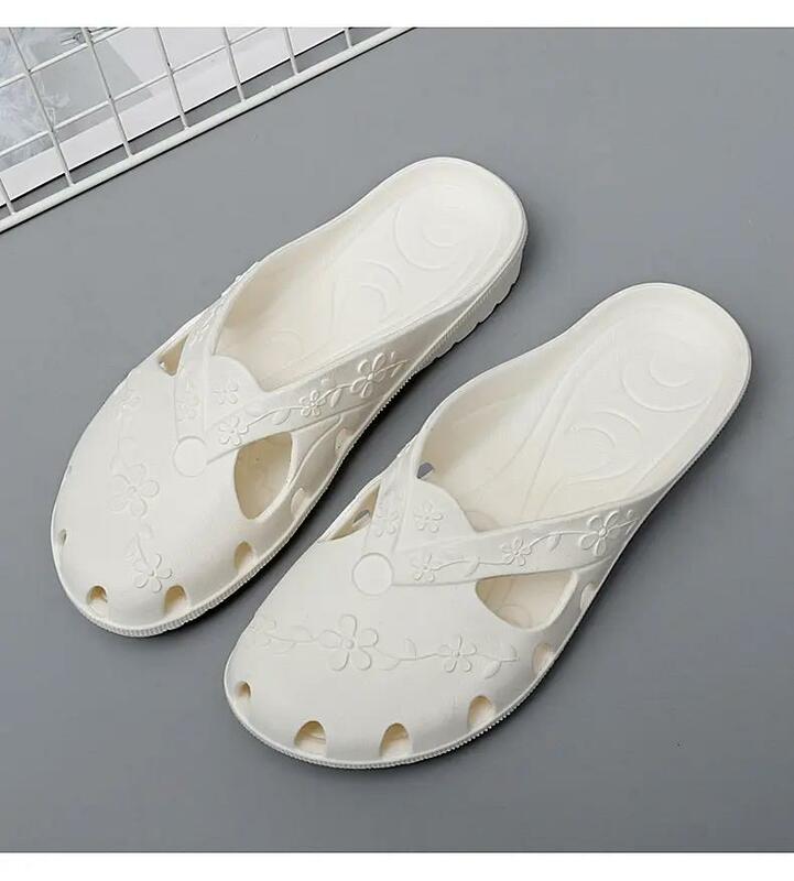 New Women's Summer Baotou Hollow Out Low Heel Slippers Free Shipping Soft Sole Non Slip Breathable Home Slippers Outdoor Slipper