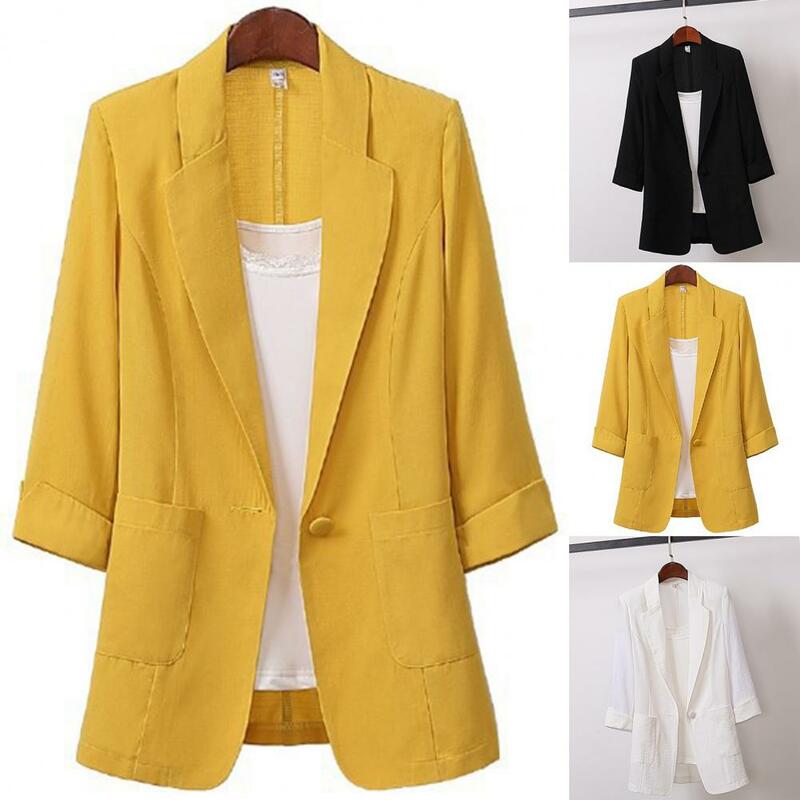 Blazer clássico de manga comprida para senhoras, ternos de lapela e bolsos, terno de escritório, jaqueta primavera e outono