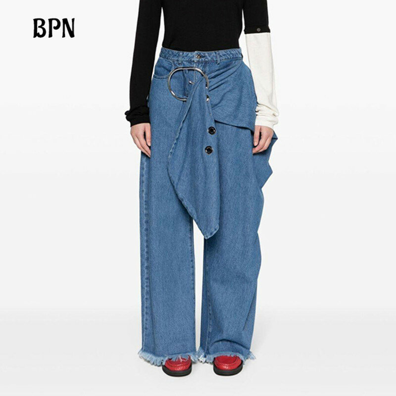 BPN Streetwear Patchwork Jeans For Women High Waist Solid Casual Loose Irregular Casual Denim Trousers Female Fashion Clothing