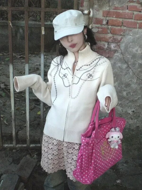 Кардиган Deeptown Y2K в стиле Харадзюку Женский, белый вязаный свитер на молнии в стиле гранж-кпоп, Корейская ретро свободная водолазка, Fairycore для E-girl