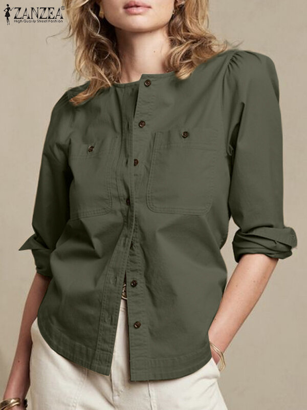 ZANZEA wiosenna damska bluzka biurowa koszula z długim rękawem w stylu Vintage Casual O dekolt topy Femme guziki w dół bluza