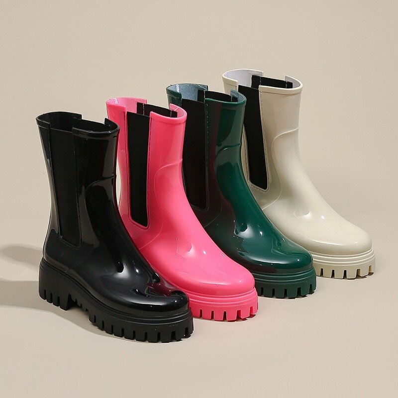 Sapatos de sola grossa feminina, Chelsea plástico, manga média, top alto, botas de chuva de motocicleta, moda, 2023