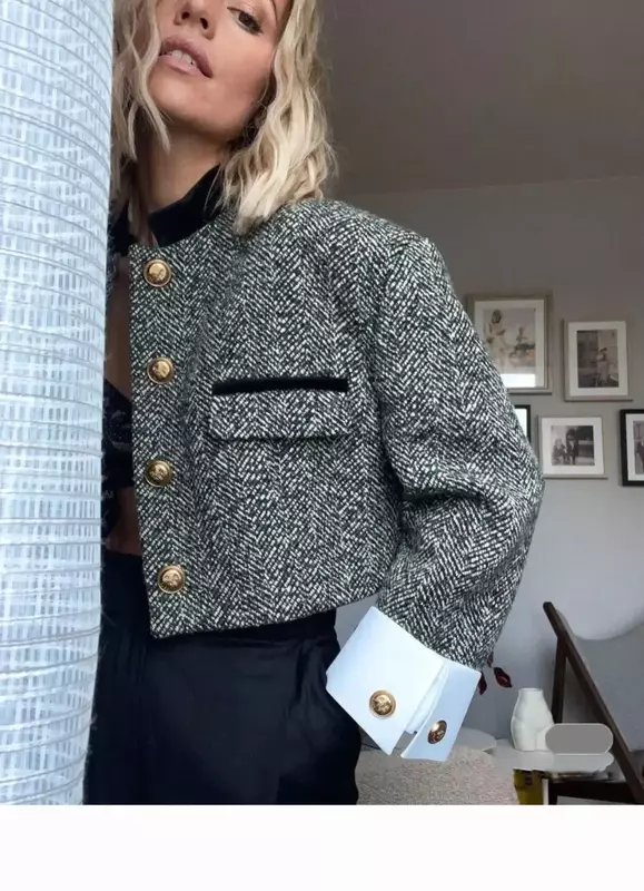 Moda Retro kurtka 2022 wiosna damska elementy designu odzieży sens stójka odzież jeździecka francuski tweed krótki płaszcz kobiet
