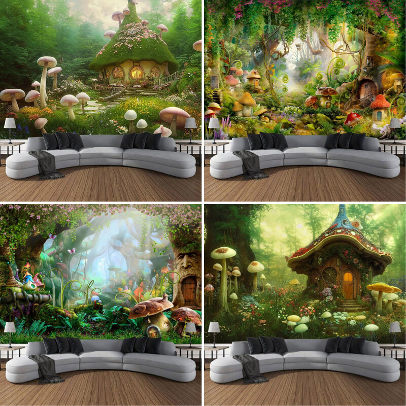 Fantasy Forest Tapeçaria para decoração de casa, cogumelo e casa, arte suspensa, fundo do quarto, sala de estar