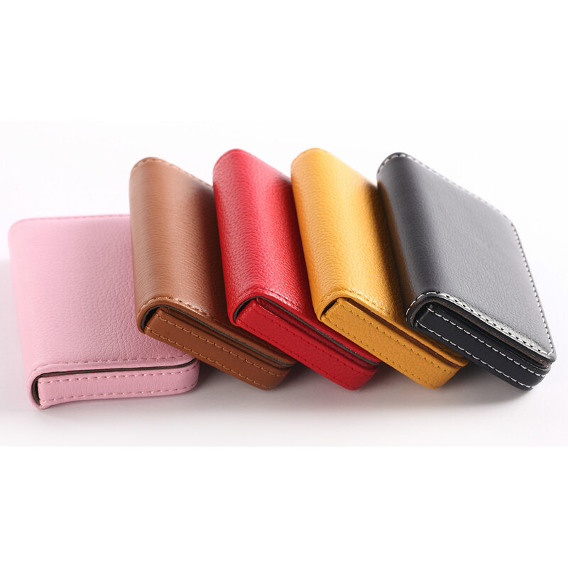 Litchi – boîte à cartes en cuir PU, grande capacité, porte-cartes de crédit, couleur unie