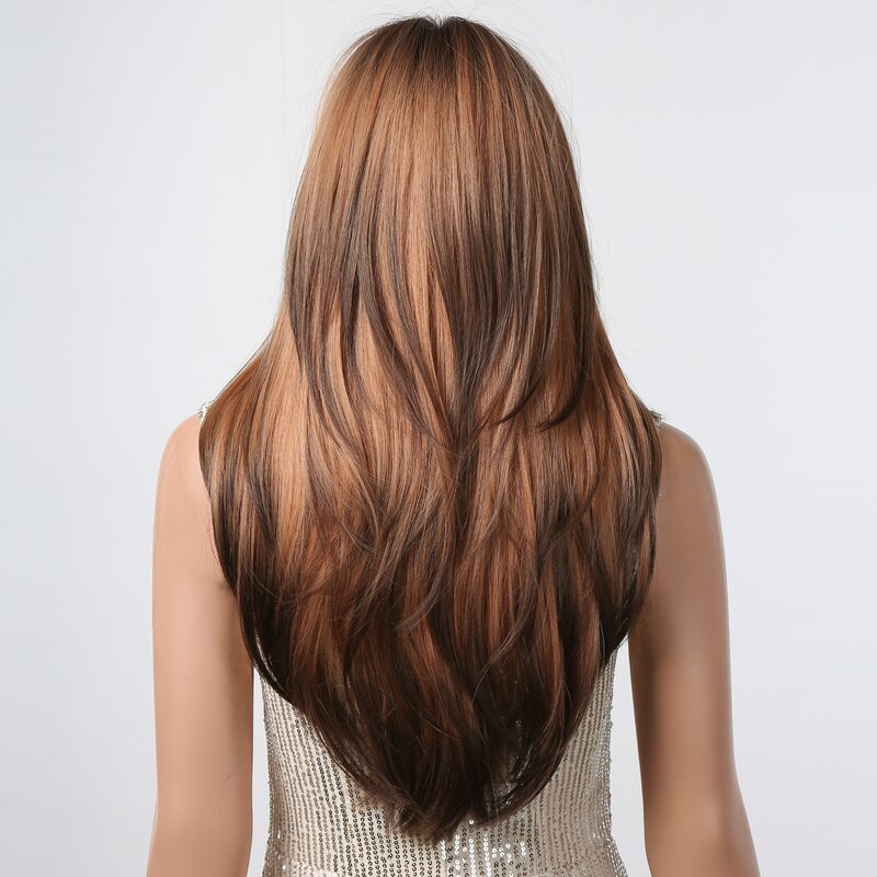 Парики коричневого и коричного цвета с челкой, многослойные синтетические парики для женщин, длинные натуральные волосы