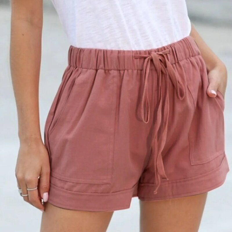 Shorts de cintura elástica feminino com bolsos, monocromático, casual, confortável, solto, tamanho grande, cordão, verão