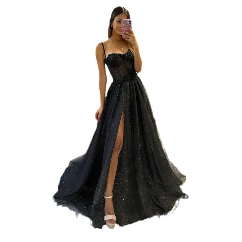Nowa długa elegancka seksowna czarna wyszczuplająca suknia wieczorowa vestido szaty wieczorowe soirée na imprezę bankietową stylowa