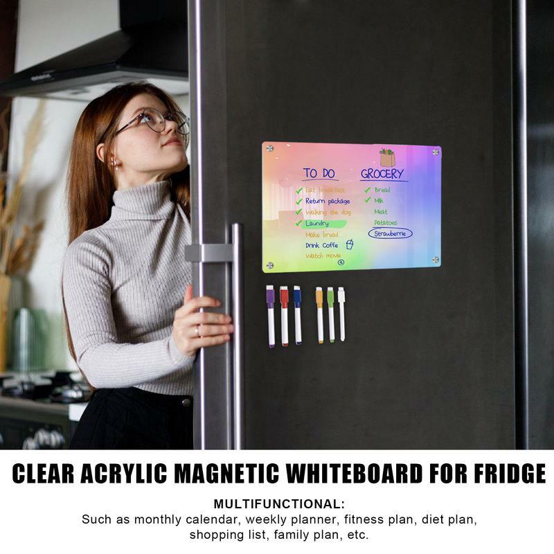 Placa magnética branca acrílico refrigerador planejador, apagável, planejador, memorando, 6 marcadores de quadro branco, multifuncional, decorativo