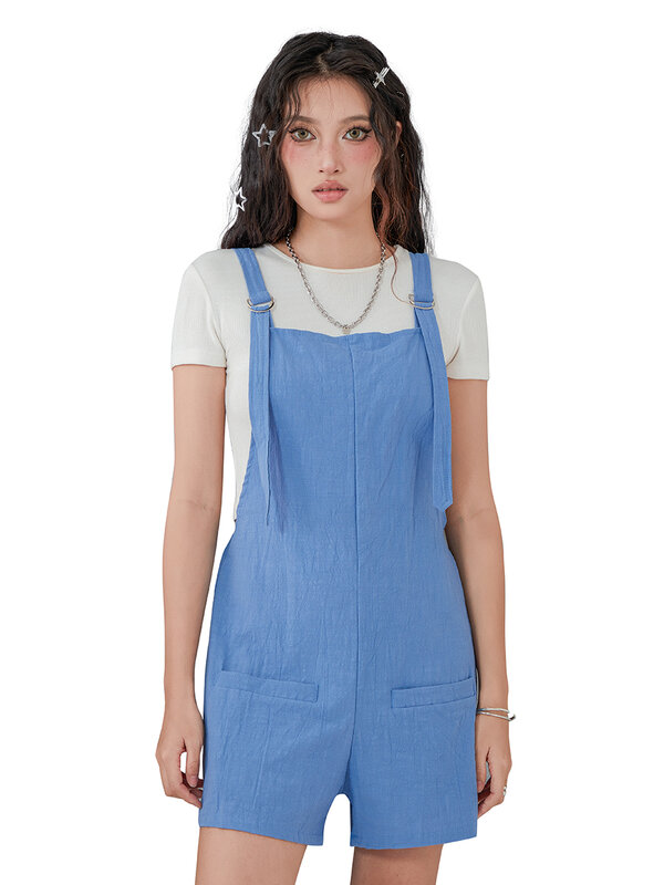 Women's Summer Casual Suspender Shorts Solid Color Short Suspender Jumpsuit with Pockets