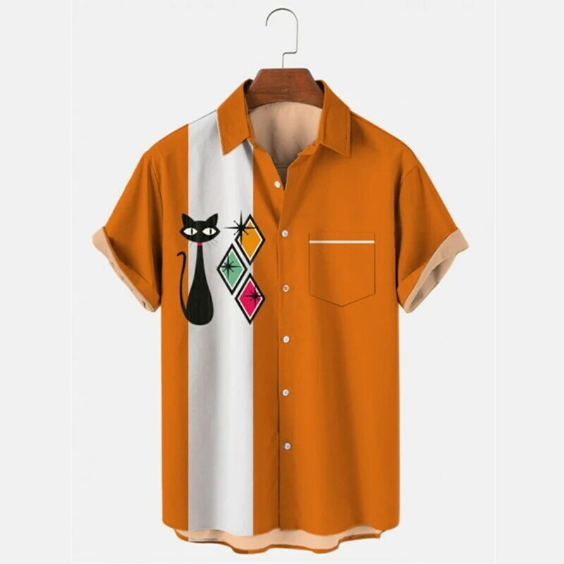 Hawaiian Shirts For Men's Elegant Music Cat Summer Casual Short Sleeve High Quality Loose Streetwear Vintage Beach Tops Clothing