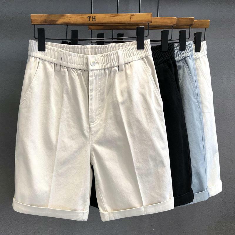 Korean Fashion Summer Suit Pants Men's Elastic Waist Solid Color Pocket Trend Versatile Loose Straight Knee Length Casual Shorts