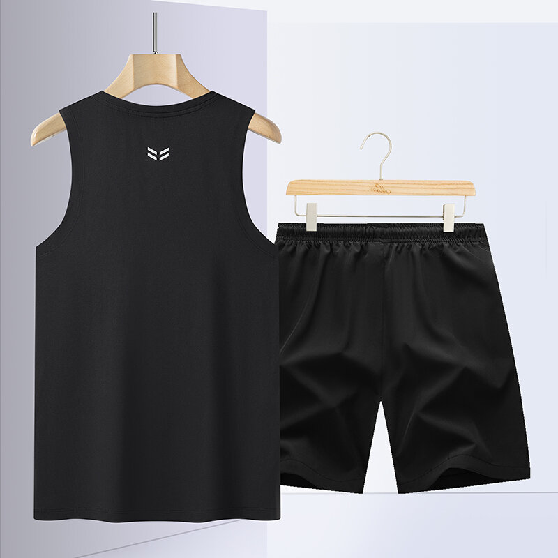 Summer Men's T-shirt New Quick Drying Breathable Sports Fitness Ice Silk Vest+shorts Two-piece Set for Men's Jogging Sportswear