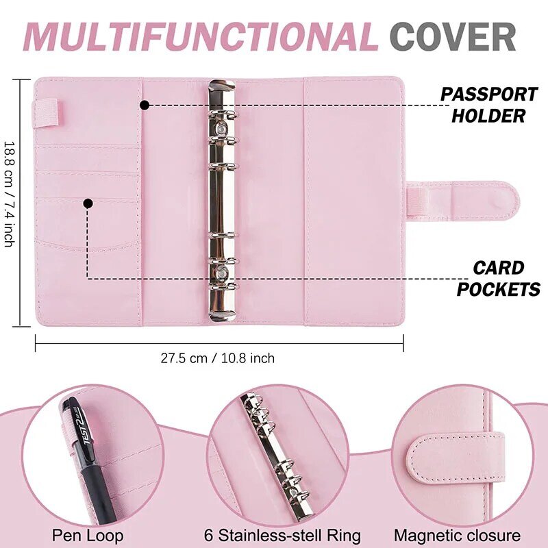 New 6 Hole Binder Pockets Plastic Binder Zipper Money Saving Envelope A6 Binder Budget Planner Notebook Covers Folder Colored