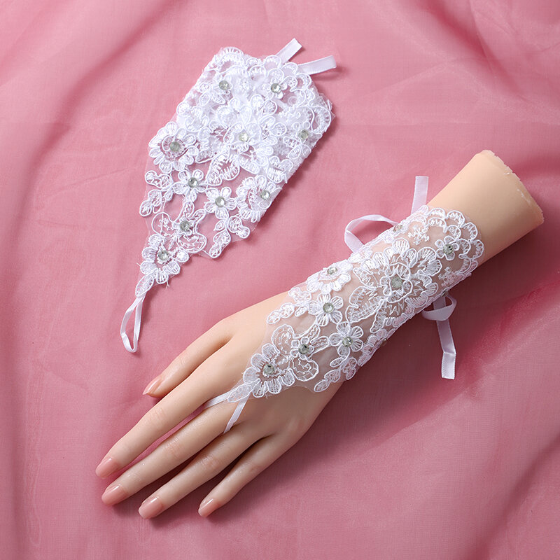 Luvas curtas do laço dos dedos para a noiva, malha branca, acessórios da foto do vestido de casamento, nova moda