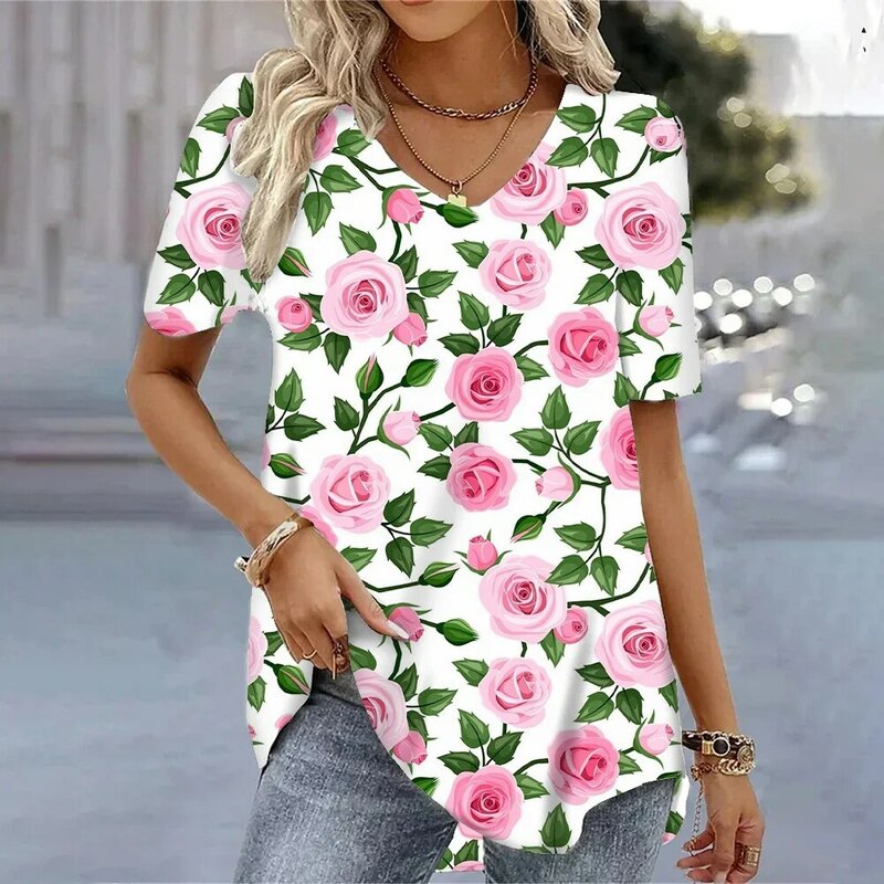 Camiseta feminina Bohemia 3D estampada, gola V, tops de manga curta, blusa da moda, estilo havaiano, roupas de verão, venda quente