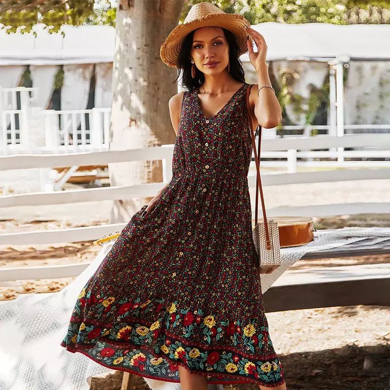 Vestido de cintura feminina bohemia v-neck impresso saia sem mangas verão floral impressão swing vestido casual flores frescas vestido bonito