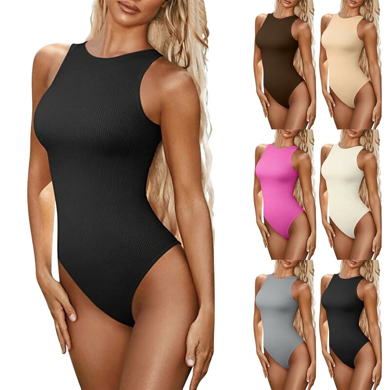 Jumpsuits For Women Sexy Solid Color Sleeveless Ribbed Knitted Women's Tight Bodysuits Body Shaper Women's Sports Overalls