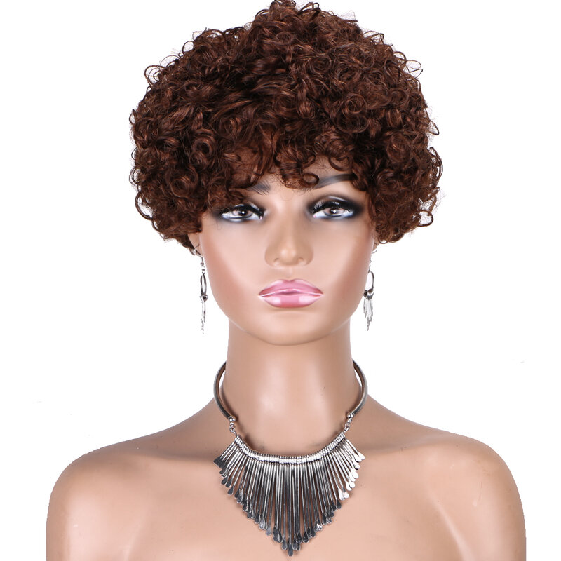 Cabelo humano remy brasileiro sem cola para mulheres negras, curto curly bob, barato, marrom natural, diário, afro