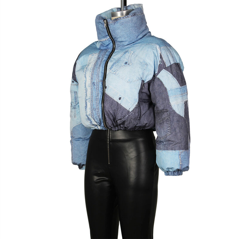 Casacos jeans grossos acolchoados de algodão feminino, gola alta, estilo euro-americano, moda de inverno, 2025