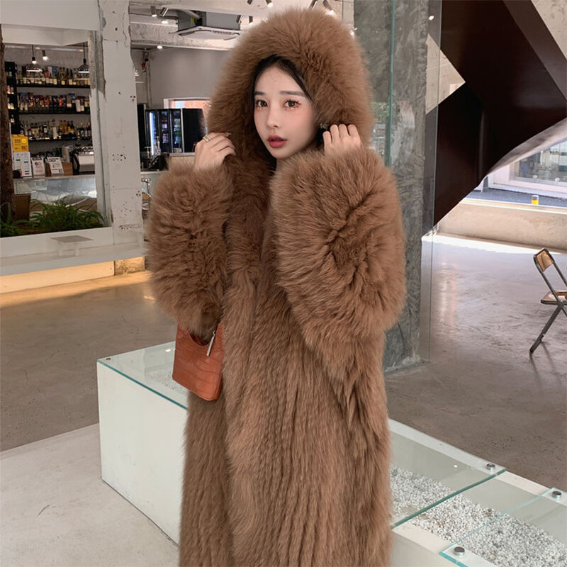 2023 Hete Winter Warme Echte Natuurlijke Fox Bont Gebreide Jas Vrouwen Hoge Kwaliteit Luxe Lange Mouwen Capuchon Plus Size Femal Jas