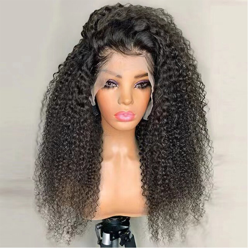 Kinky Curly Lace Front Wig para mulheres, sem cola, macio, natural, preto, cabelo do bebê, pré-arrancadas, resistente ao calor, diariamente, 180 Densidade, 26"