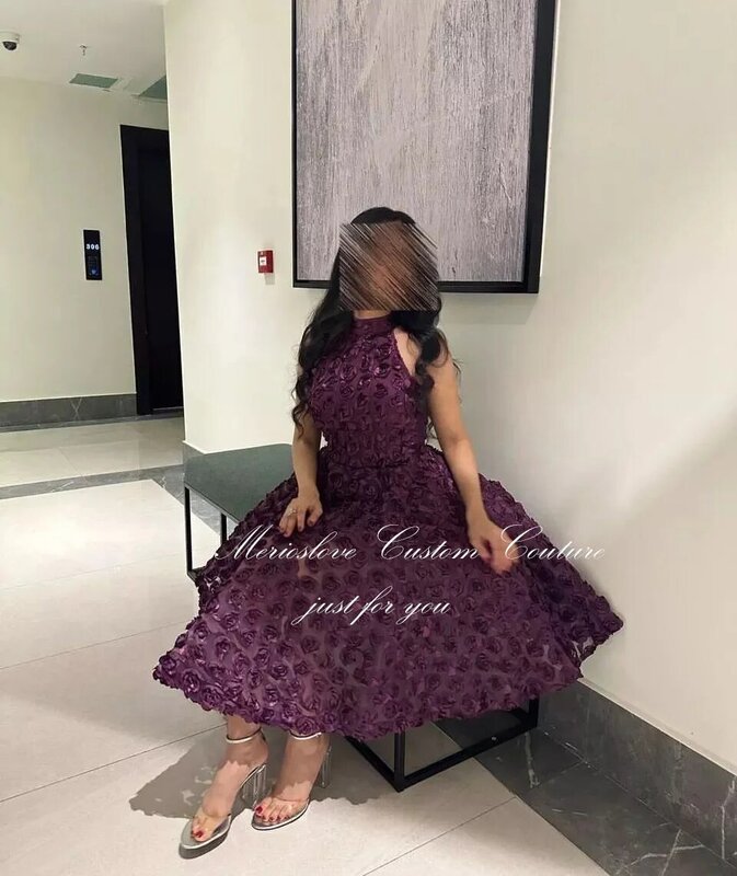 Merioslove gaun Prom bunga 3D elegan Halter tanpa lengan lipit Ruched A-Line gaun malam pesta wanita Arab Saudi 2024