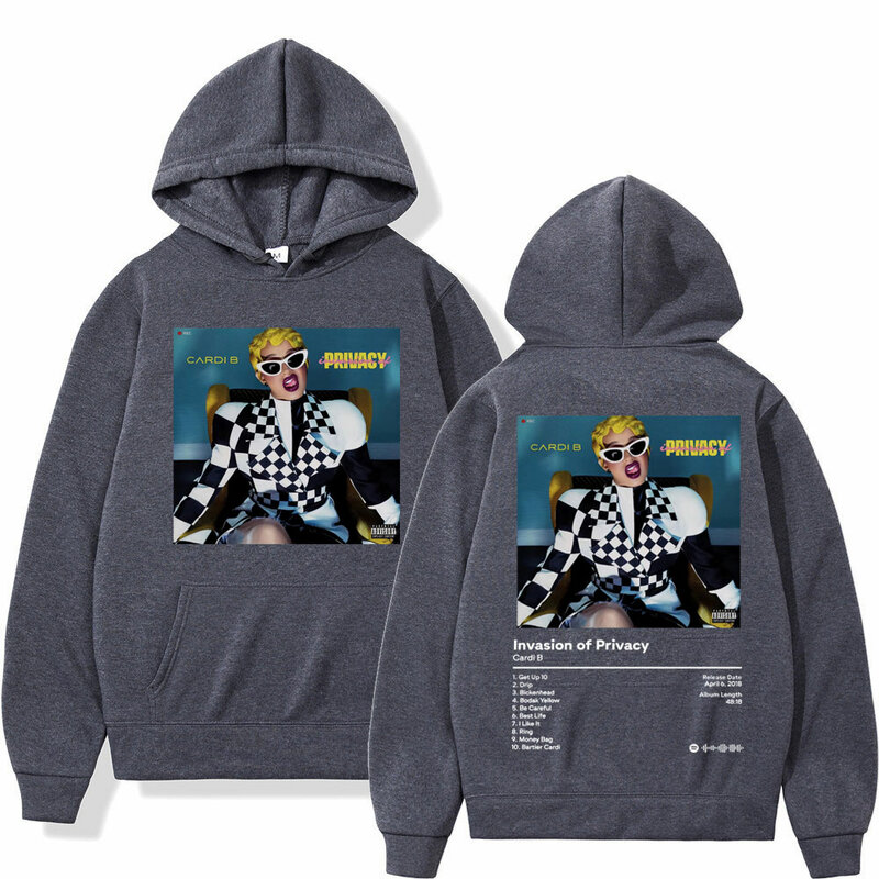 Rapper Cardi B Album musik invasi Hoodie cetak privasi Hoodie uniseks kasual modis longgar pullover ukuran besar Hip Hop kaus