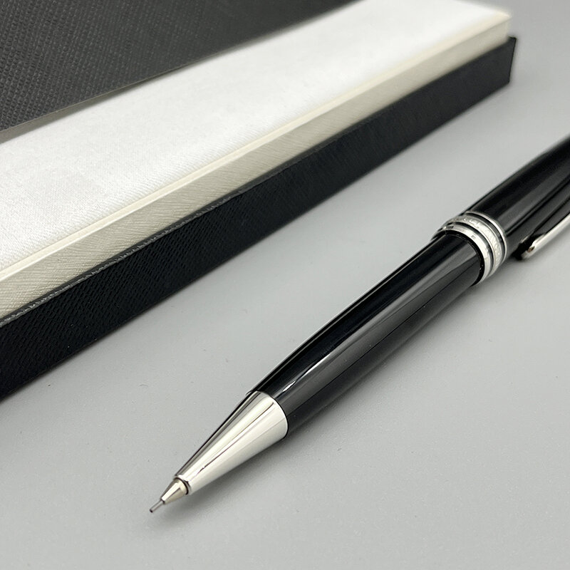 Lápis mecânico clássico MB, papelaria de escritório com refil extra, resina preta, prata e guarnição dourada, 163