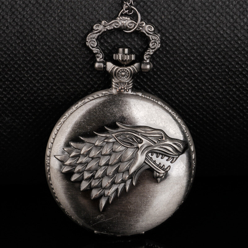 Retro Gravierte Wolf Fall Design Halskette Familie Crest Thema Quarz Taschenuhr Kette Uhr Beste Geschenke