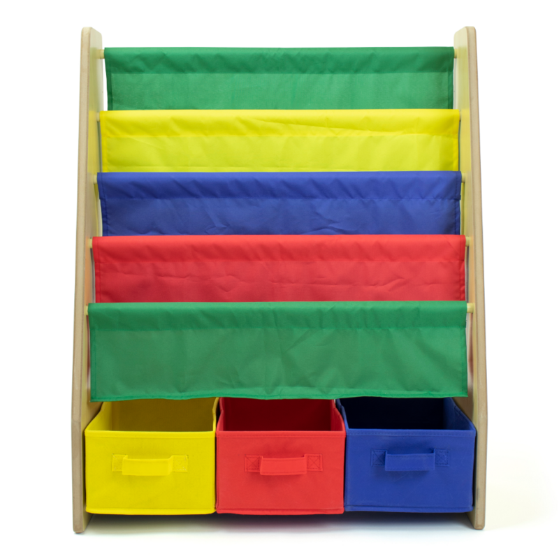 خزانة كتب للأطفال مع 4 رفوف و 3 صناديق قماش ، خشب طبيعي/أساسي