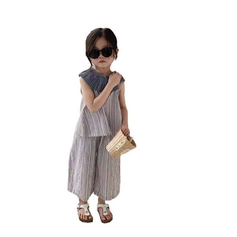 Balita perempuan เกาหลีฤดูร้อน2ชิ้นชุดเสื้อผ้าผ้าฝ้ายลายขวางชุดเสื้อผ้าหลวมเอวยางยืดขากว้าง PNT ชุดเด็กผู้หญิงตัวเล็ก