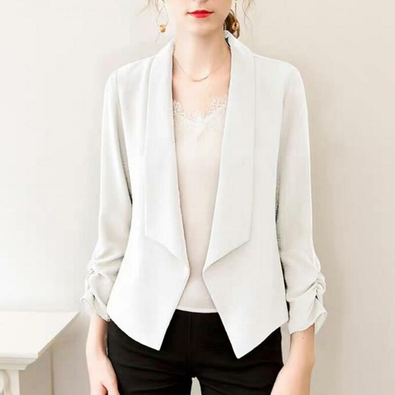 Blazer Cardigan de manga comprida feminino, cor sólida, ponto aberto, lapela, estilo de trajeto OL, macio respirável, fino senhora casaco de escritório, negócio