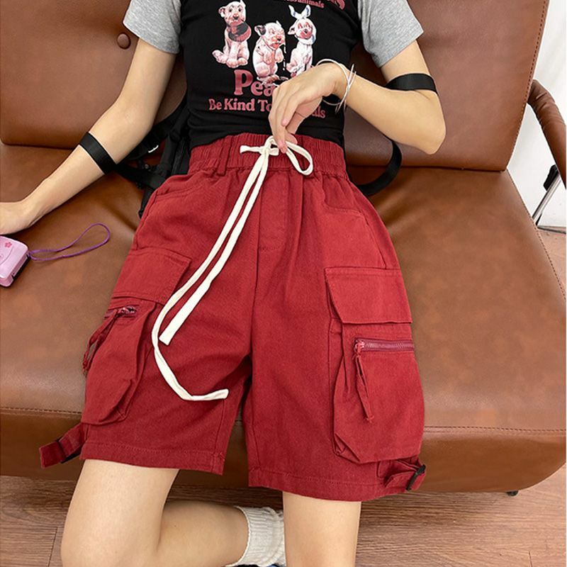 Amerykańska ulica Hiphop Cargo spodnie damskie luźne duże kieszenie z szerokimi nogawkami czerwony Streetwear kobiety para proste casualowe spodnie capri