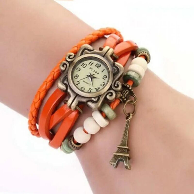 Relógio de pulso de quartzo para mulher vintage torre eiffel multicamadas trançado falso pulseira de couro relógio de pulso