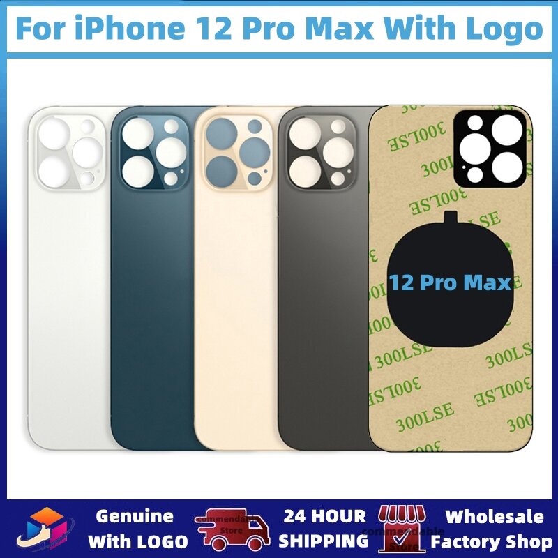 Penutup baterai Panel kaca belakang iPhone 12 Pro Max suku cadang pengganti kualitas tinggi dengan Logo kaca lubang besar casing belakang Pengiriman cepat dan gratis 100% teruji